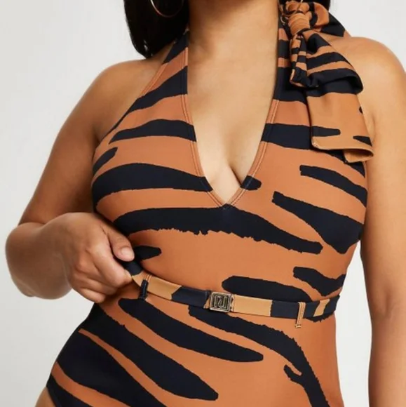 River Island Animal Print Halter One Piece Bathing Suit - Picture 5 of 10